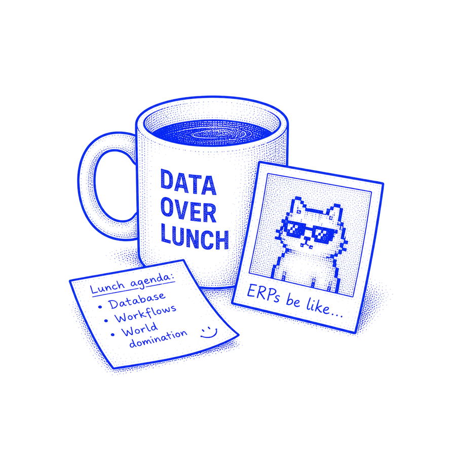 Line-art illustration of a mug reading &ldquo;Data over lunch&rdquo; beside sticky notes