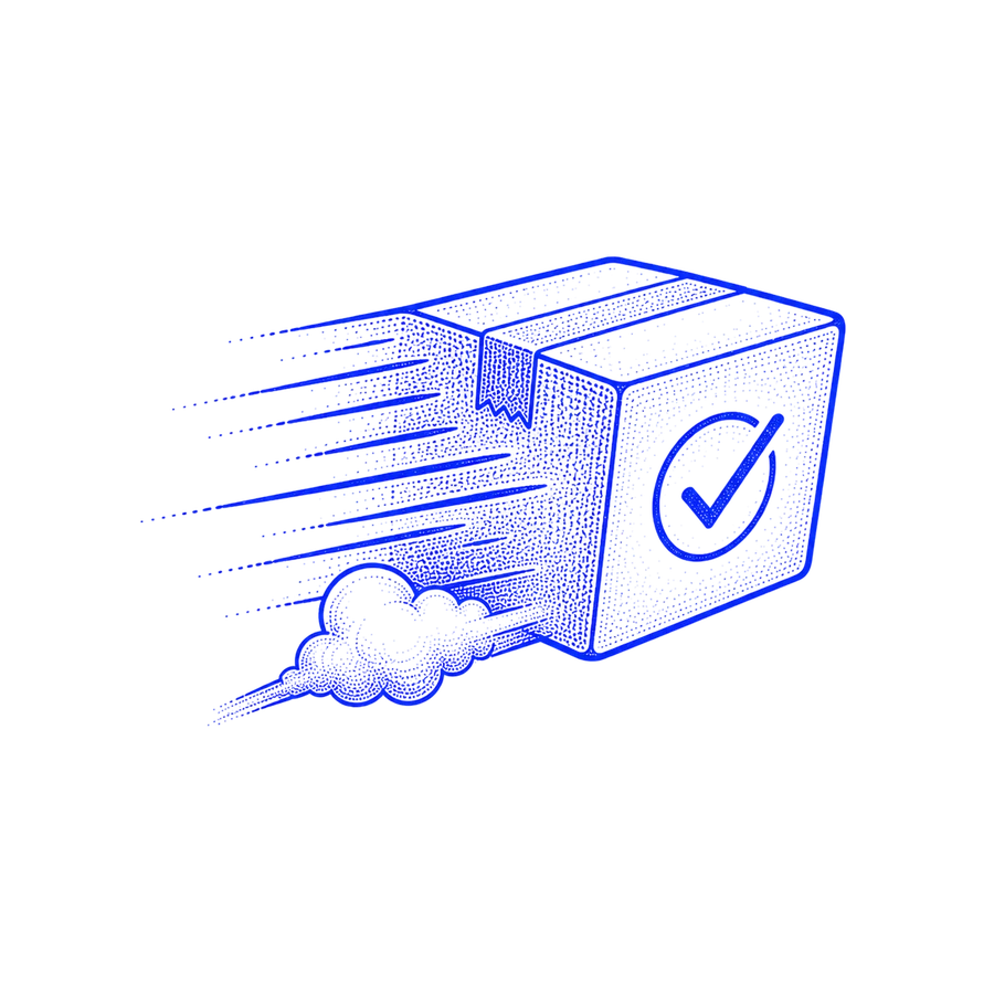 Line-art illustration of a shipping box in motion with a checkmark