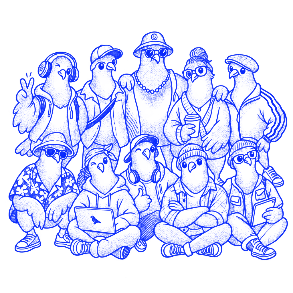 Illustration of the Paloma team posed together for a group photo, drawn as ten pigeons each with their own outfit and personality