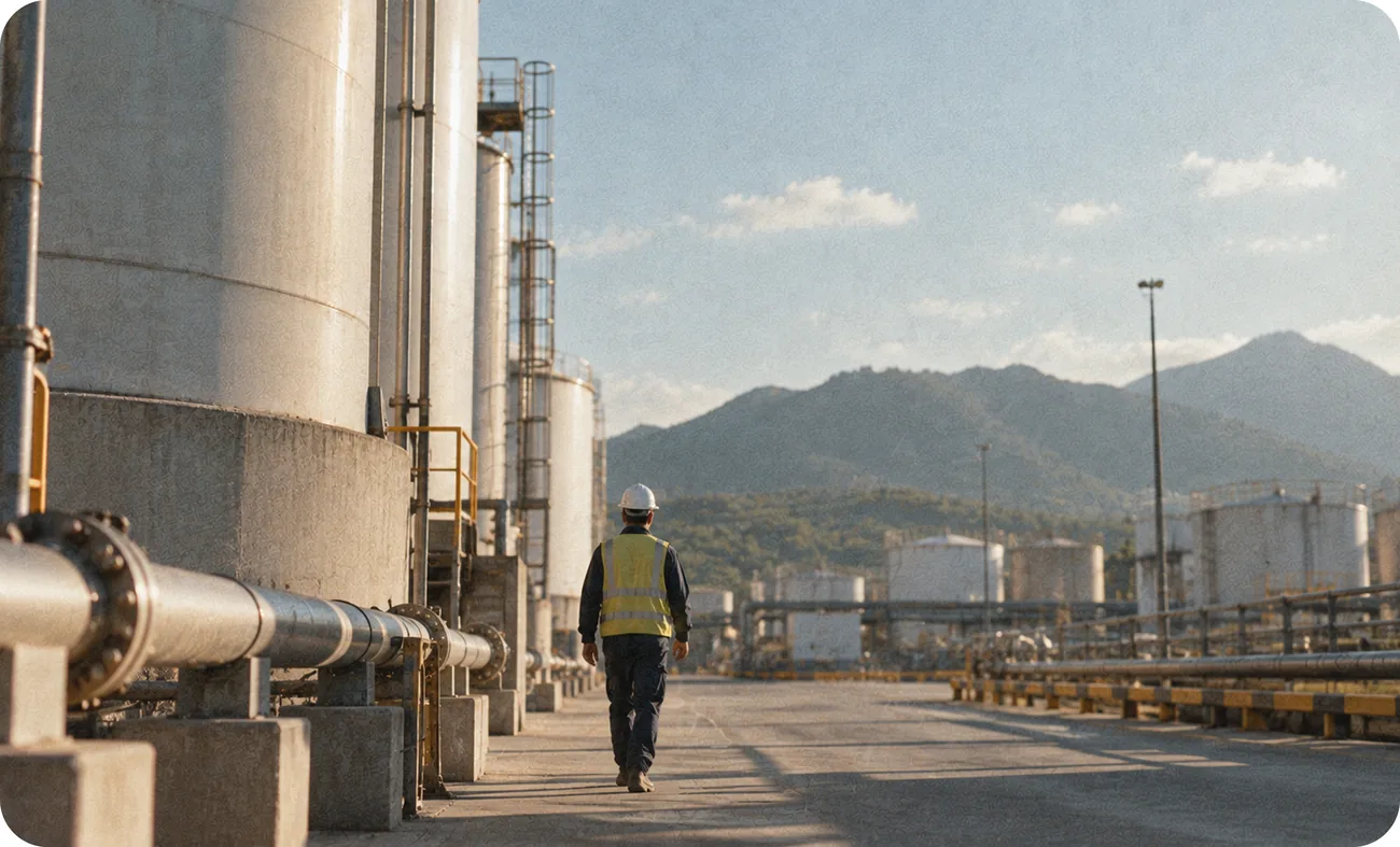 Blurred motion photograph of factory workers walking through an industrial aisle