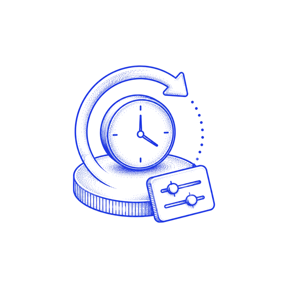 Line-art illustration of a clock with a settings card, representing round-the-clock operations