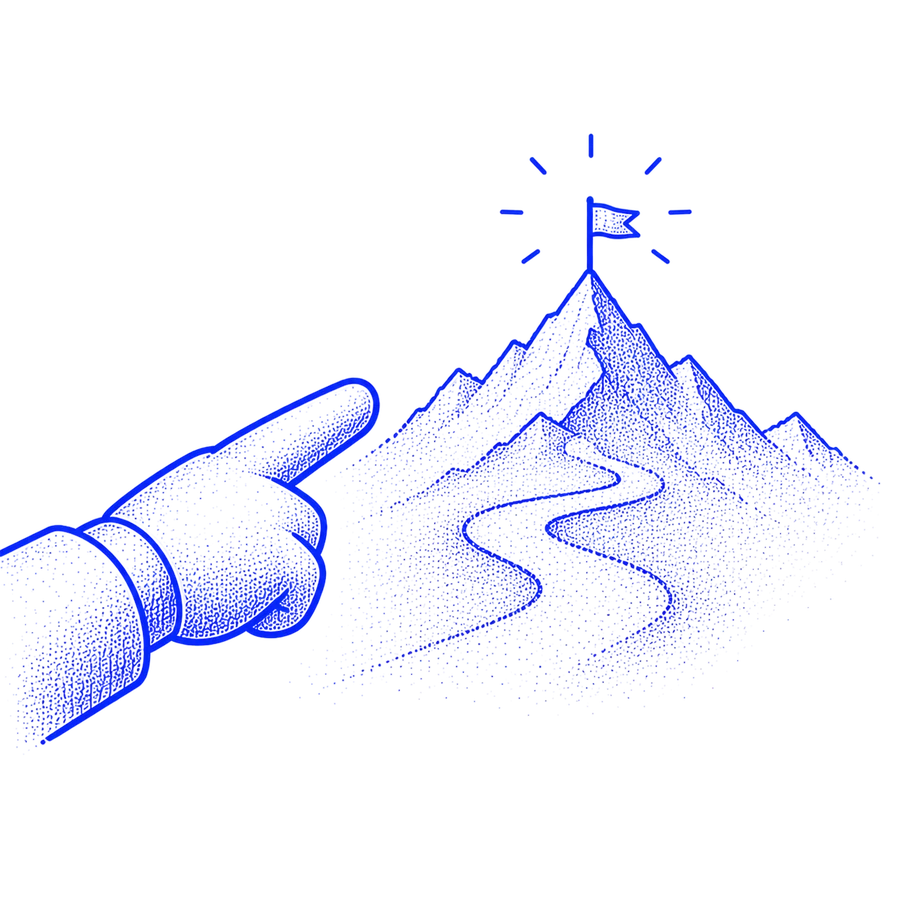 Illustration: a hand pointing toward a flagged mountain peak with a winding trail, representing experienced guidance