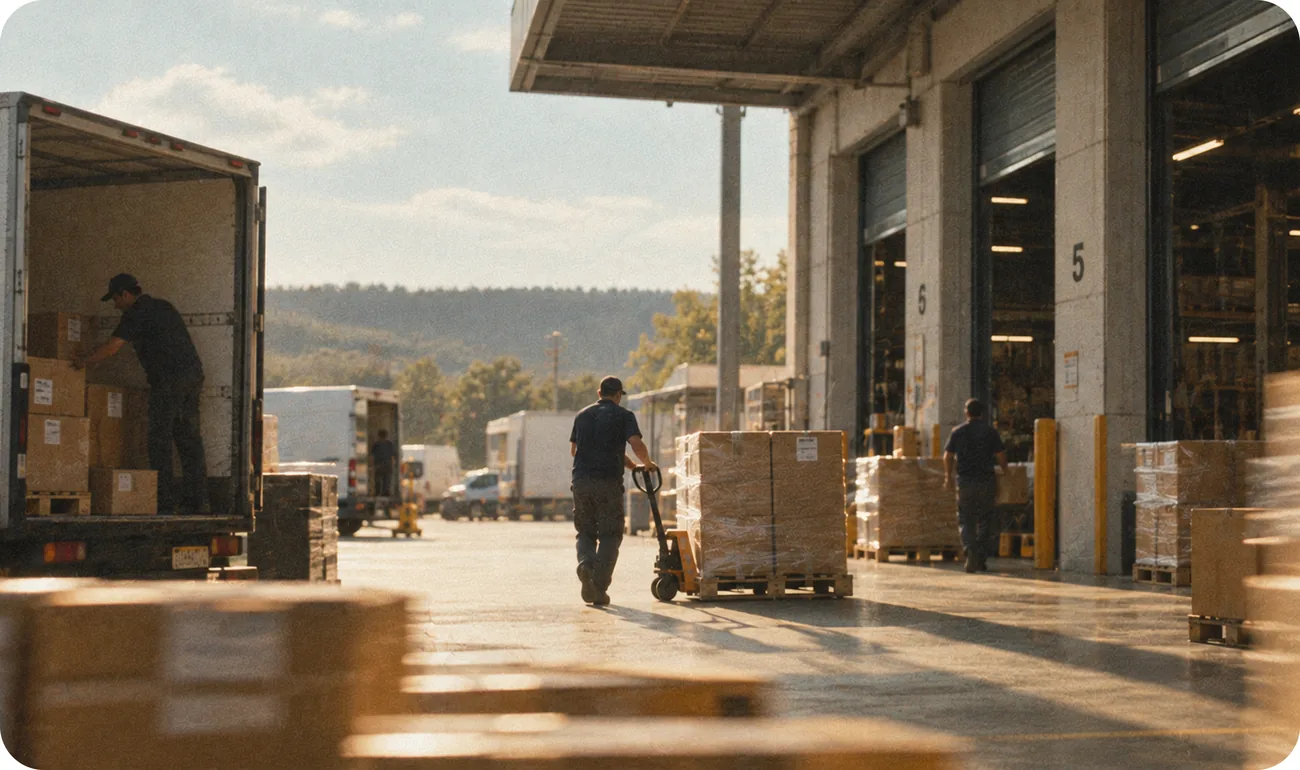 Workers moving pallets and loading a truck at a sunlit warehouse dock