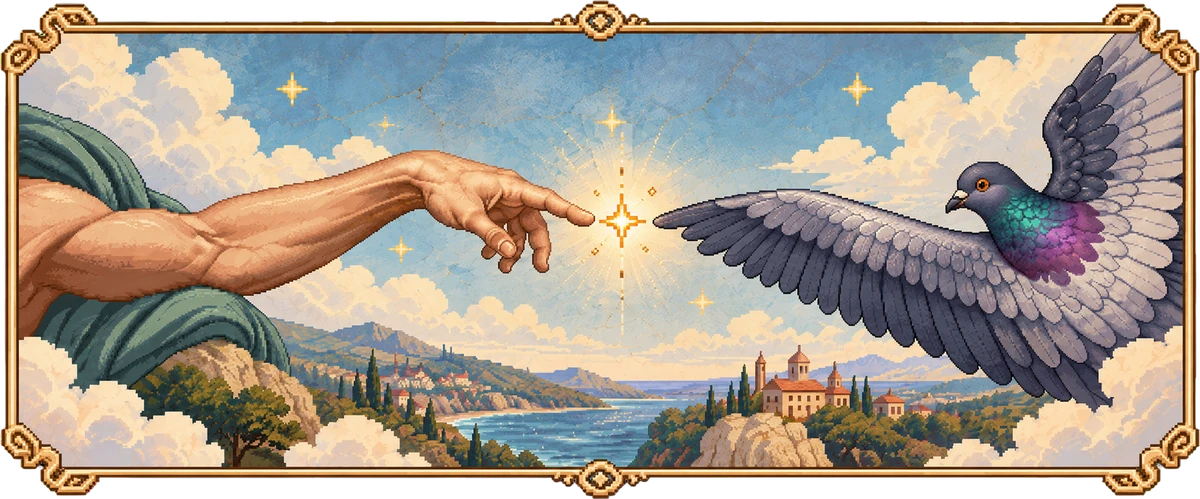 Pixel-art fresco of a human hand reaching toward a pigeon's wing, a spark of light between their fingertips