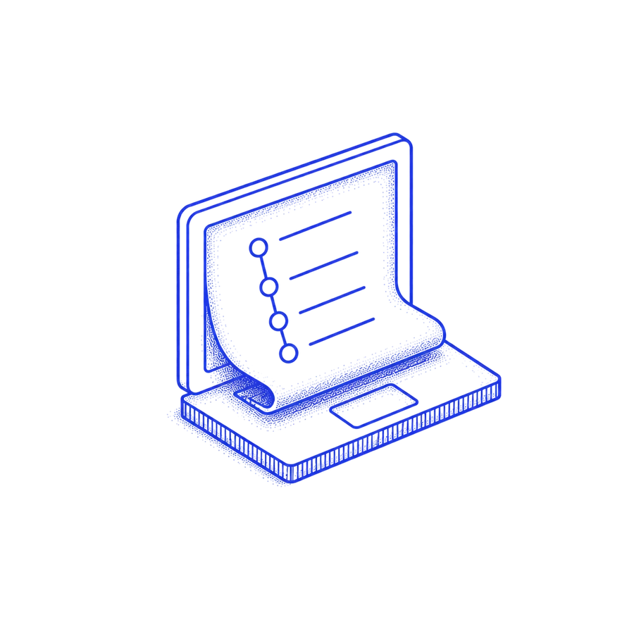 Illustration of a laptop displaying an itemized, timestamped calculation trail