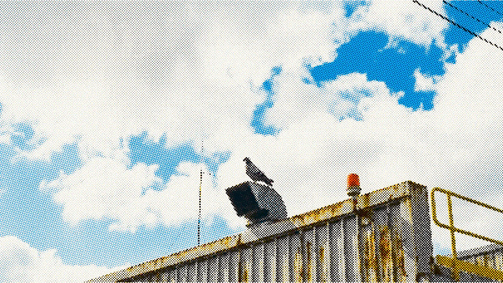 Halftone image of industrial equipment against a blue sky
